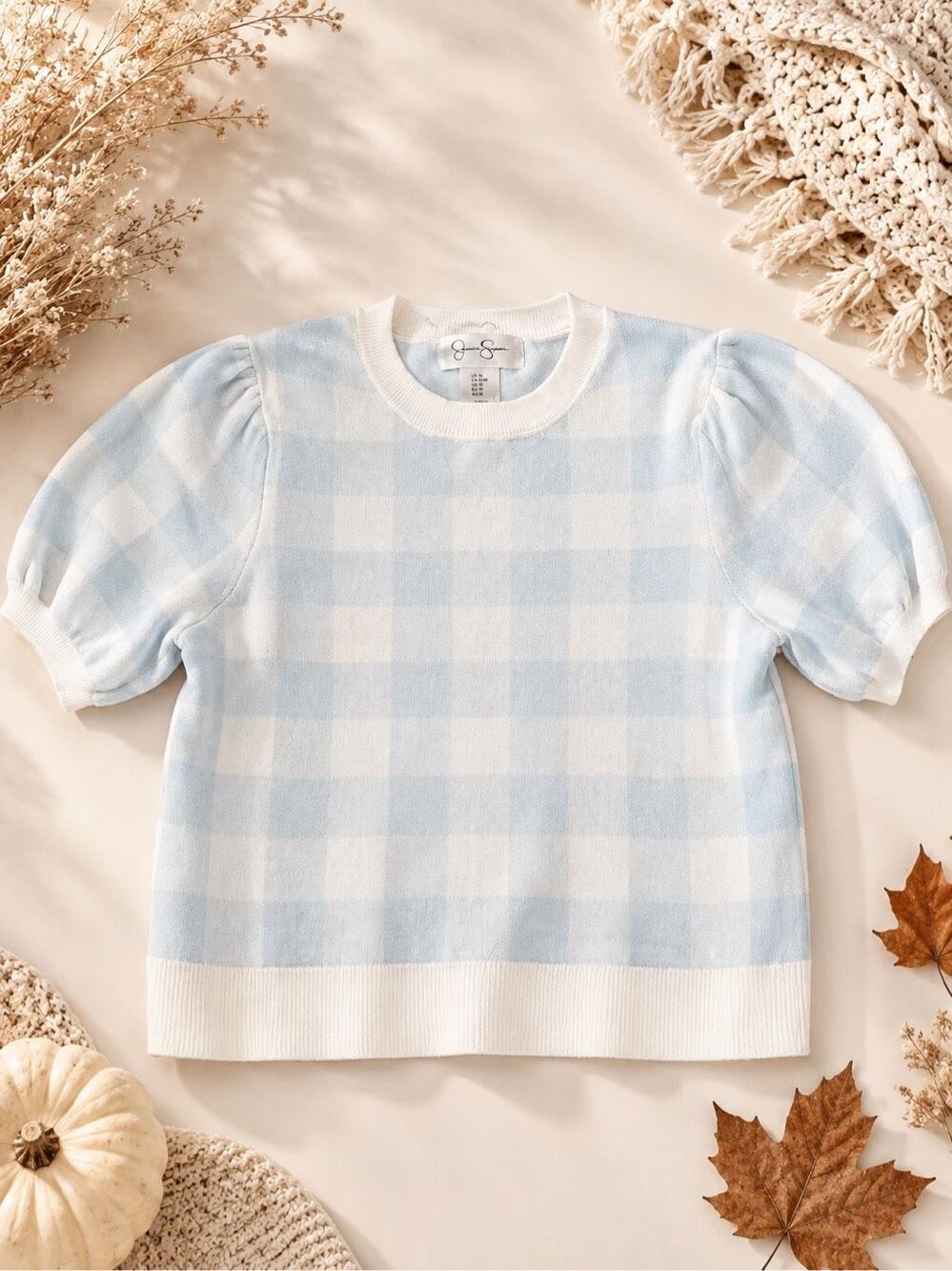 Jessica Simpson Women’s Medium Blue White Gingham Puff Sleeve Knit Sweater Top